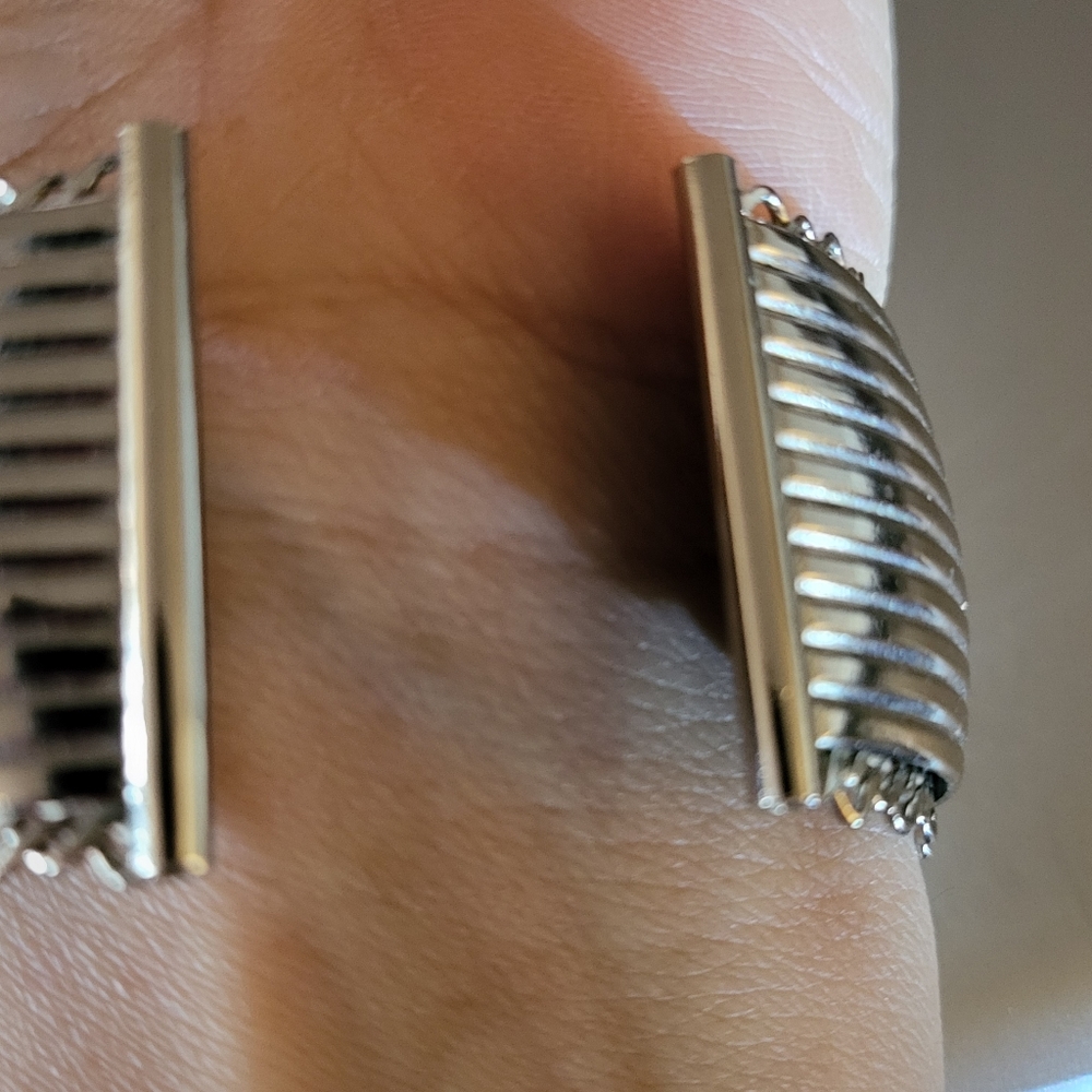 Late 1950's "VOLUPTE" Signed Cartouche Silver Ribbed 1.25" Wide Cuff Bracelet - Picture 8 of 8